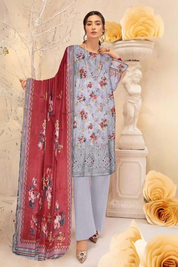3PCS Embroidered lawn unstitched suit from ManshaLawn | premium lawn in Pakistan, lawn suits available in Peshawar’s best fabric online store
