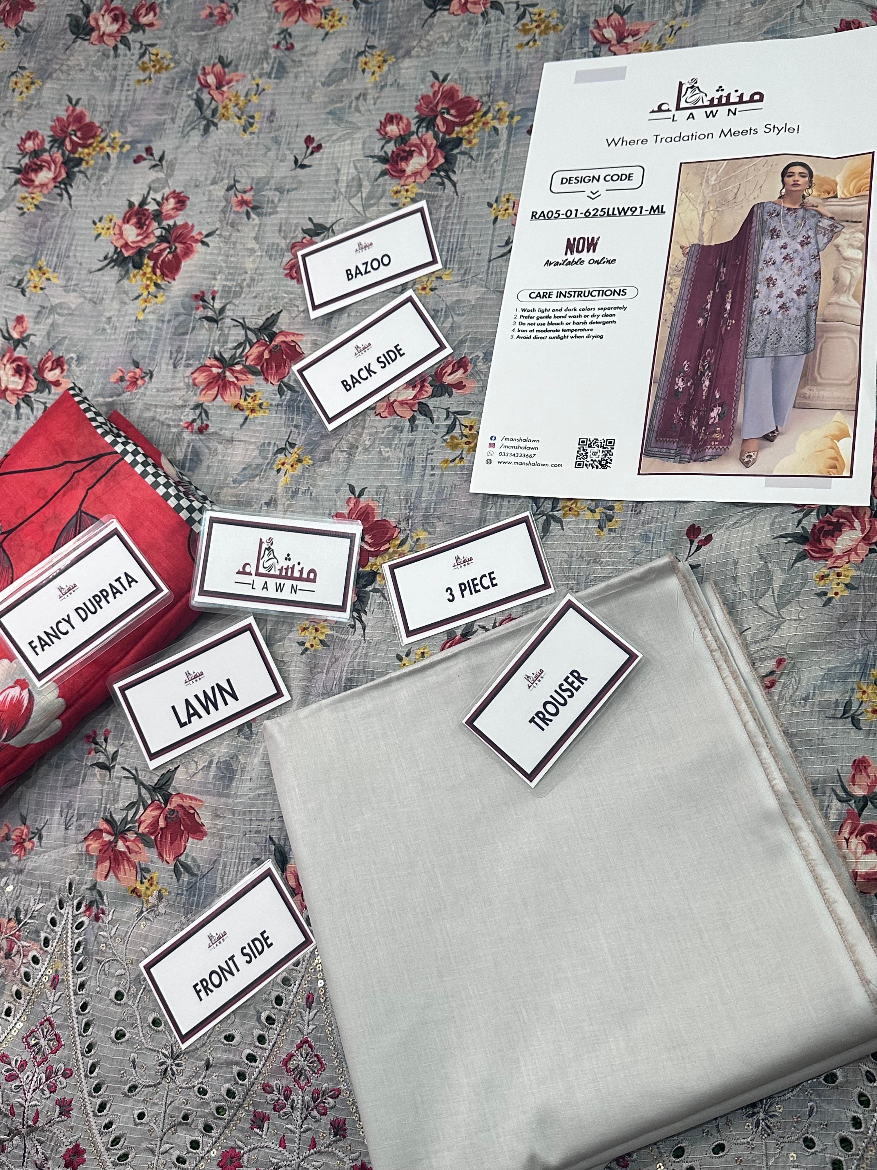 3PCS Embroidered lawn unstitched suit from ManshaLawn | premium lawn in Pakistan, lawn suits available in Peshawar’s best fabric online store