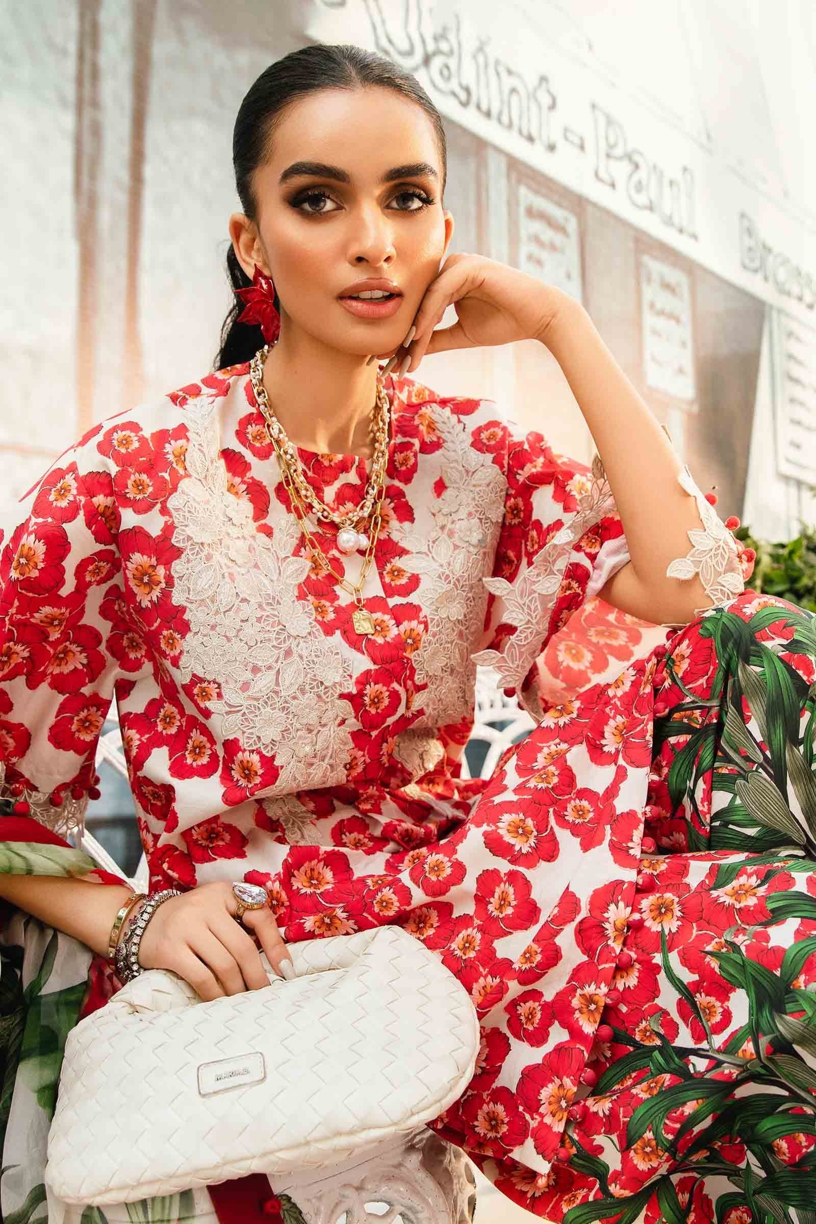 Elegant 3PCS embroidered lawn unstitched suit from ManshaLawn | premium lawn in Pakistan, lawn suits available in Peshawar’s best fabric online store