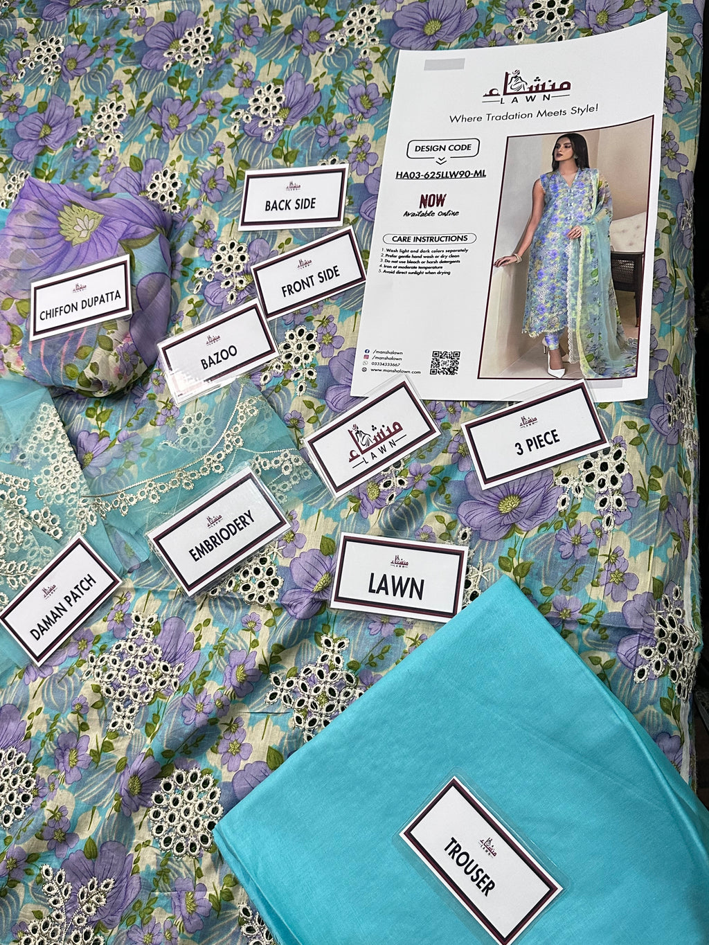 Stylish 3PCS embroidered lawn unstitched suit from ManshaLawn | premium quality lawn in Pakistan, lawn suits available at Peshawar’s top online fabric store