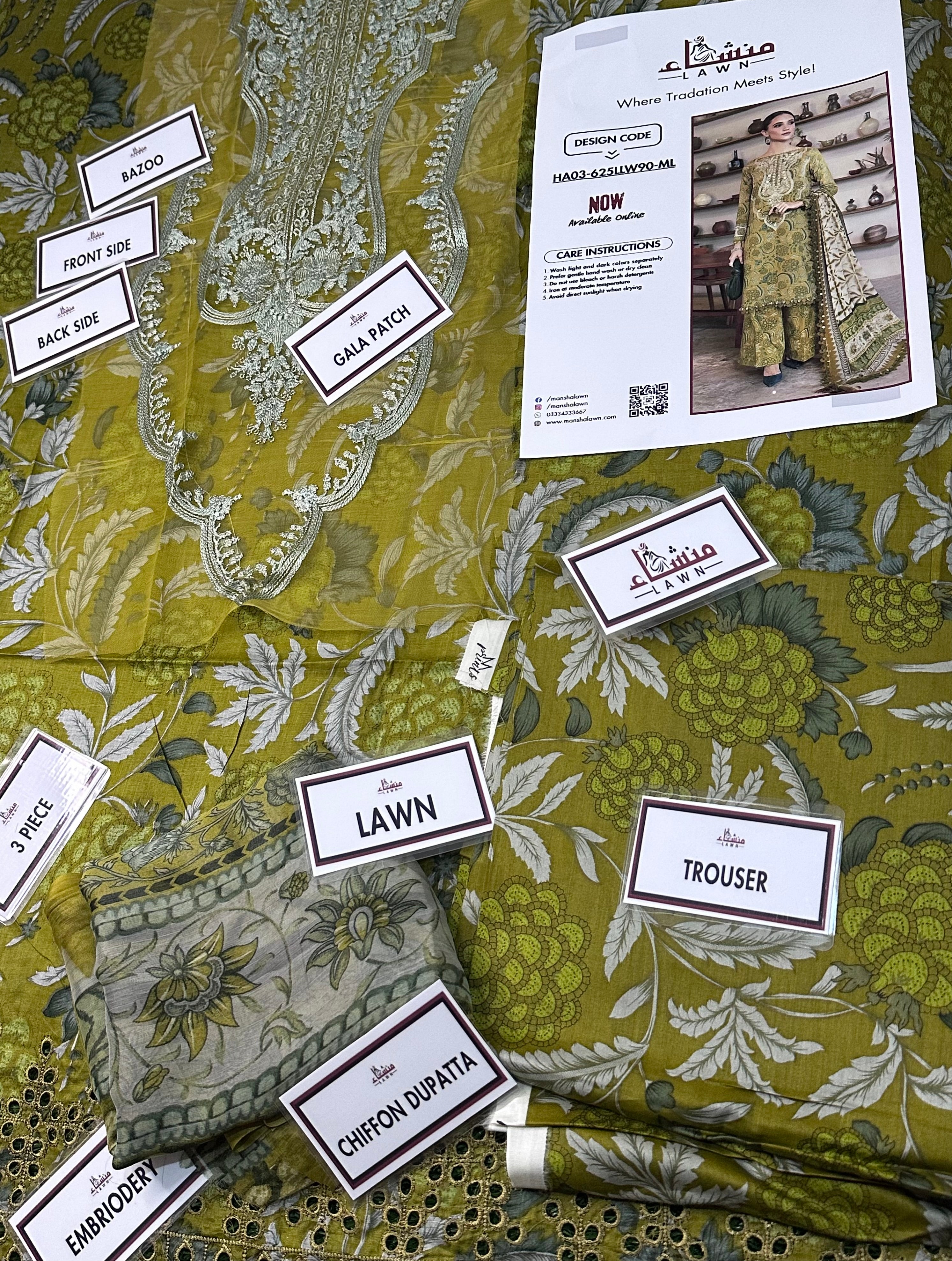Stylish 3PCS embroidered lawn unstitched suit from ManshaLawn | premium lawn in Pakistan, lawn suits available in Peshawar’s best fabric online store