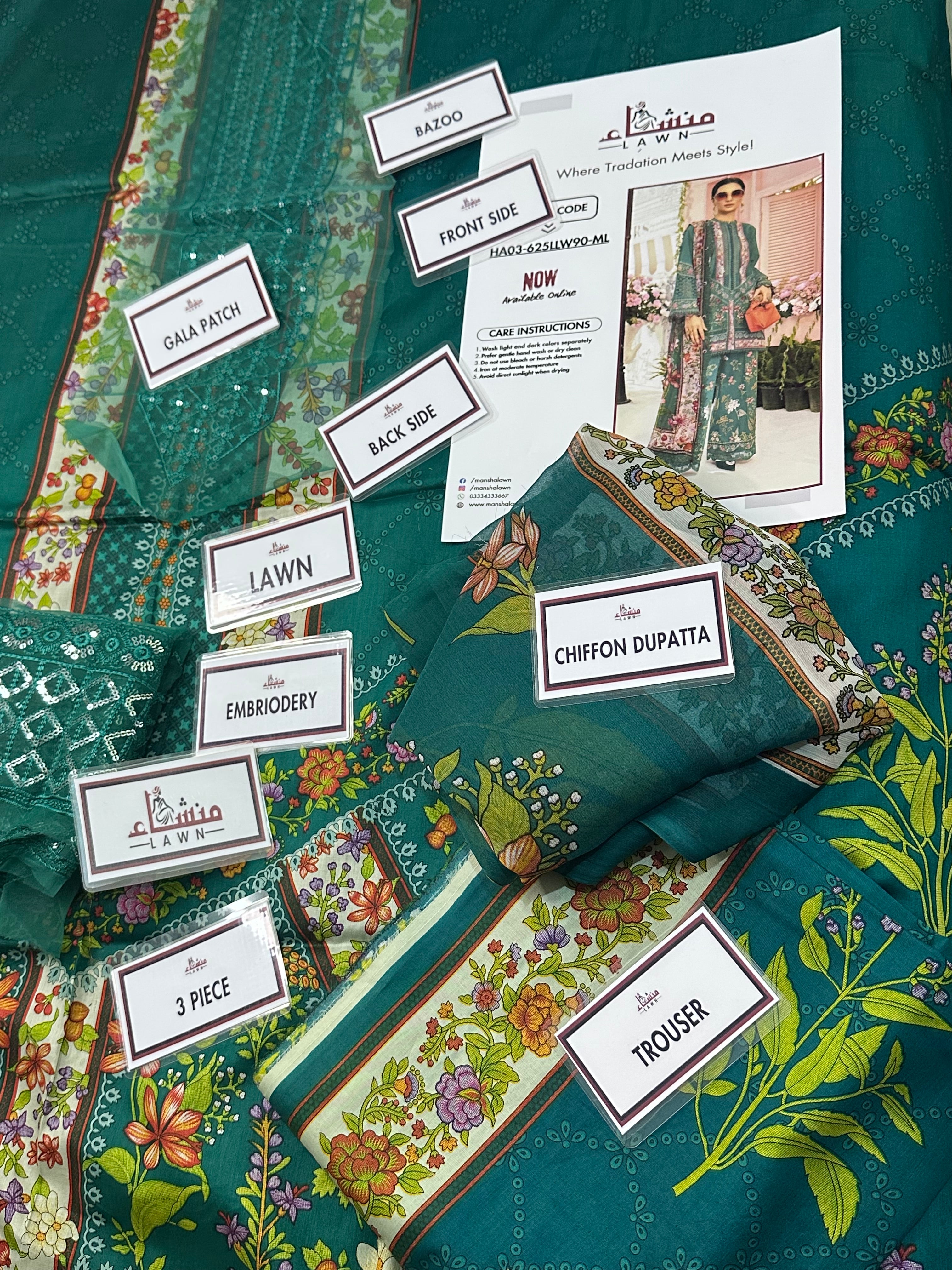 Elegant 3PCS printed lawn unstitched suit from ManshaLawn | premium lawn in Pakistan, lawn suits available in Peshawar’s best fabric online store