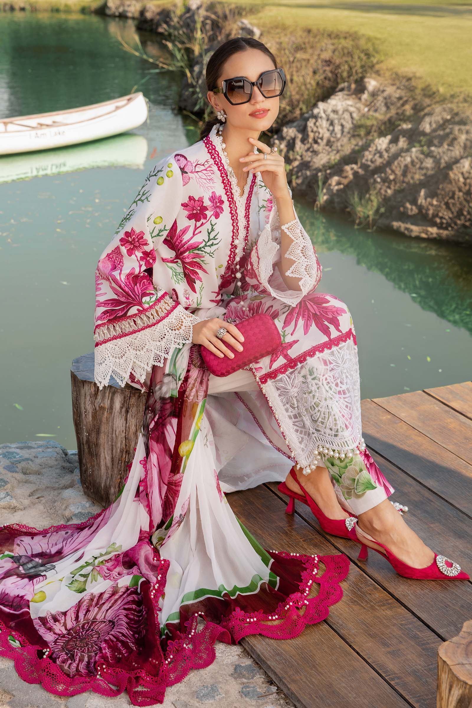 Elegant 3PCS printed lawn unstitched suit from ManshaLawn | premium lawn in Pakistan, lawn suits available in Peshawar’s best fabric online store