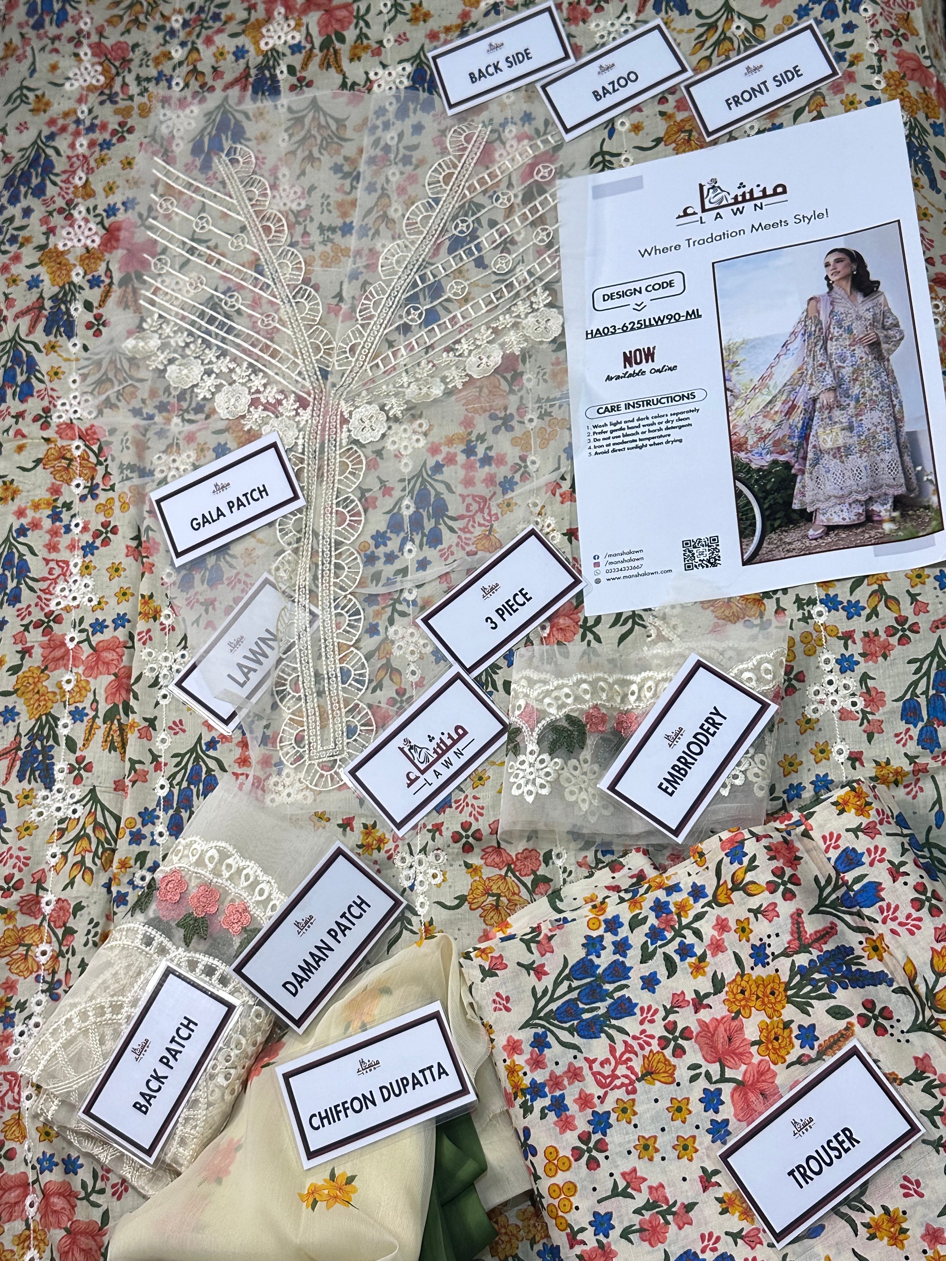 3PCS digital printed lawn unstitched suit HAO3-625LLW190-ML from ManshaLawn | premium lawn in Pakistan, lawn suits from Peshawar’s best fabric online store.
