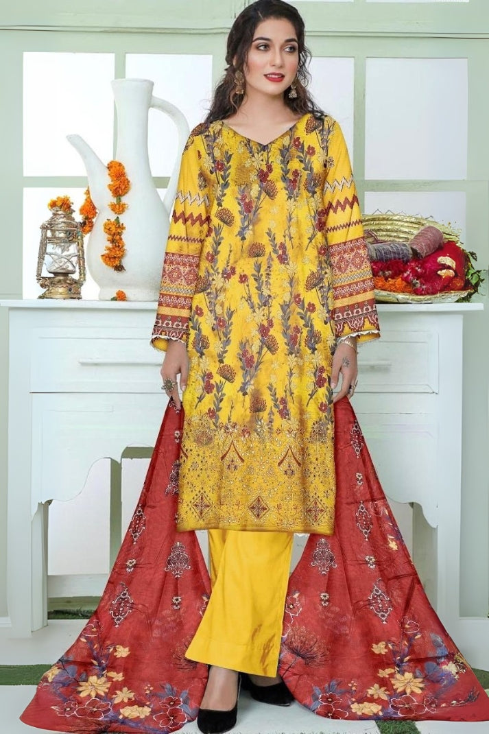 3PCS Printed Lawn Unstitched Suit RA03-01-625LLW91-ML - Fancy Collection