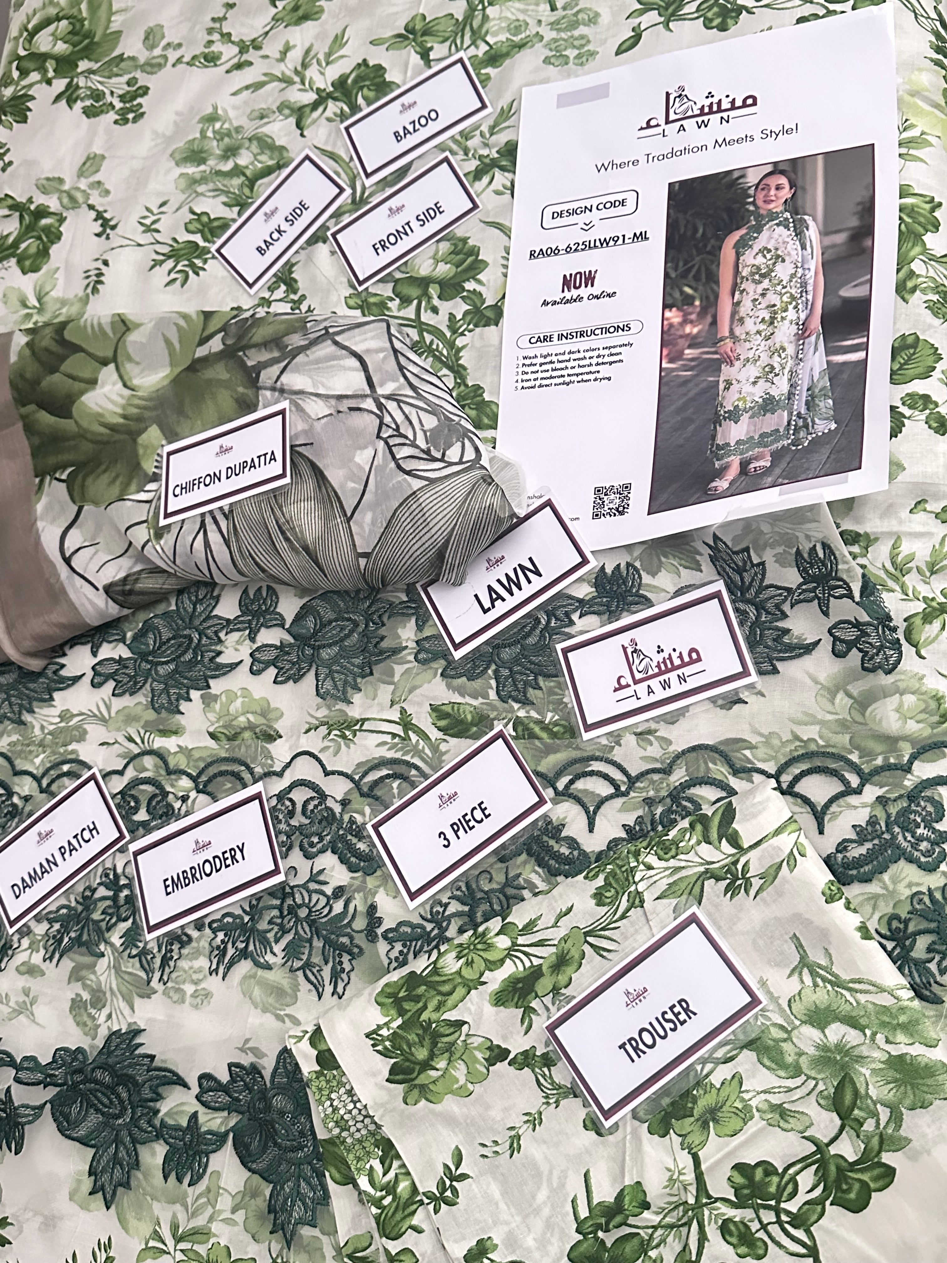 Stylish 3PCS printed lawn unstitched suit from ManshaLawn | premium quality lawn in Pakistan, lawn suits available at Peshawar’s top online fabric store