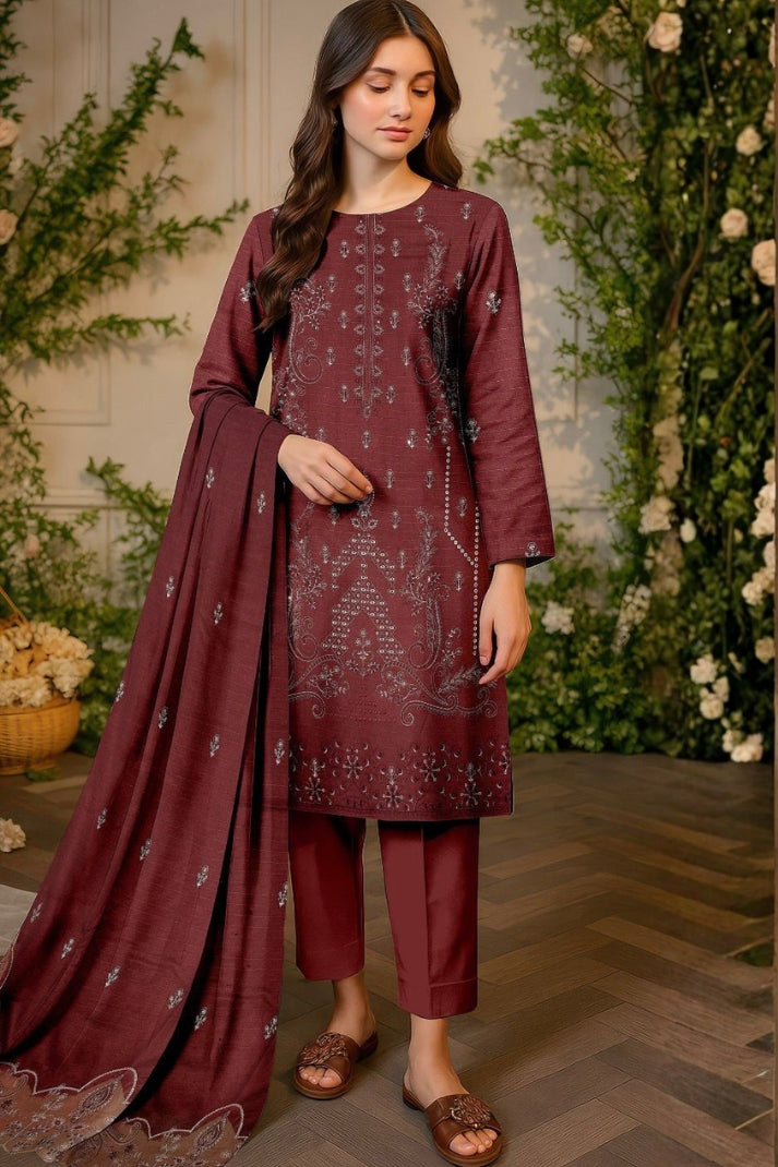 3 Piece Embroidered Bana Dora Dhanak Unstitched Suit – Luxury Winter Wear RA23-1025LLW91-ML