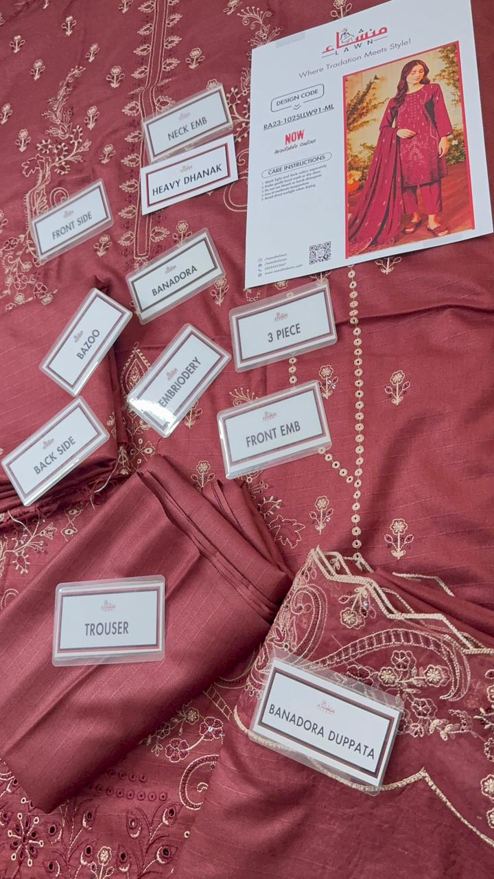 3 Piece Embroidered Bana Dora Dhanak Unstitched Suit – Luxury Winter Wear RA23-1025LLW91-ML