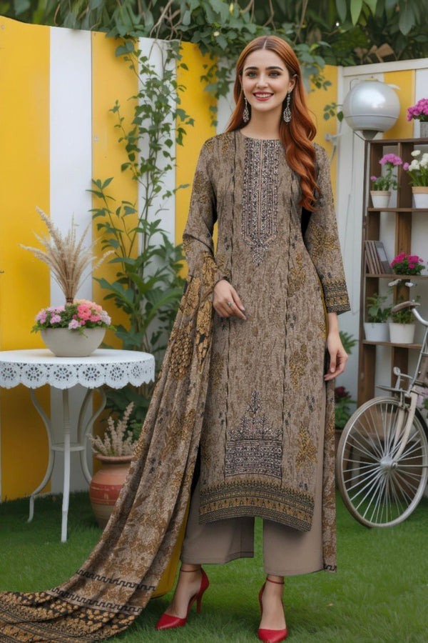 3-piece embroidered dhanak unstitched suit with printed dupatta and trousers, luxury winter wear, Fancy Collection RA35-1025LLW91-ML