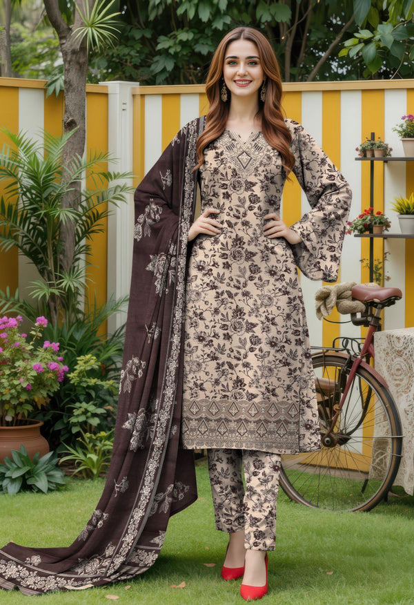 3-piece embroidered khaddar unstitched suit with printed dupatta and trousers, luxury winter wear, Fancy Collection RA29-1025LLW91-ML