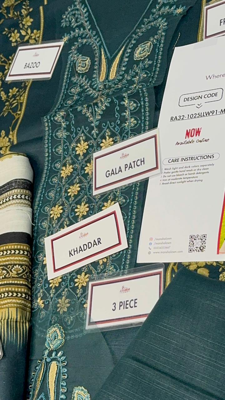 3 Piece Embroidered Khaddar Unstitched Suit –  Fancy Collection Luxury Winter Wear RA32-1025LLW91-ML