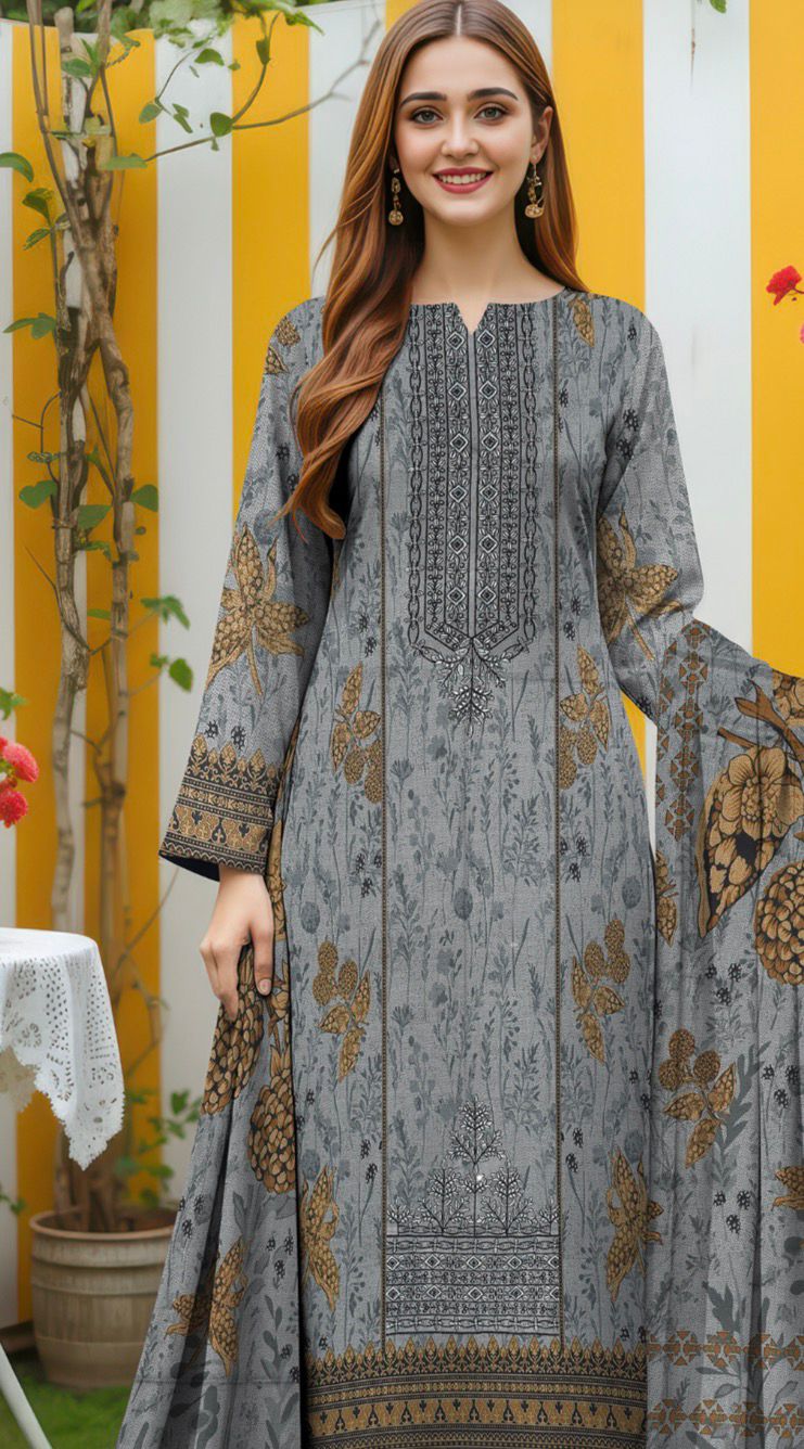 3 Piece Embroidered Khaddar Unstitched Suit –  Fancy Collection Luxury Winter Wear RA33-1025LLW91-ML