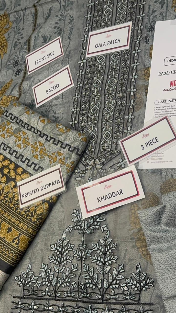 3 Piece Embroidered Khaddar Unstitched Suit –  Fancy Collection Luxury Winter Wear RA33-1025LLW91-ML