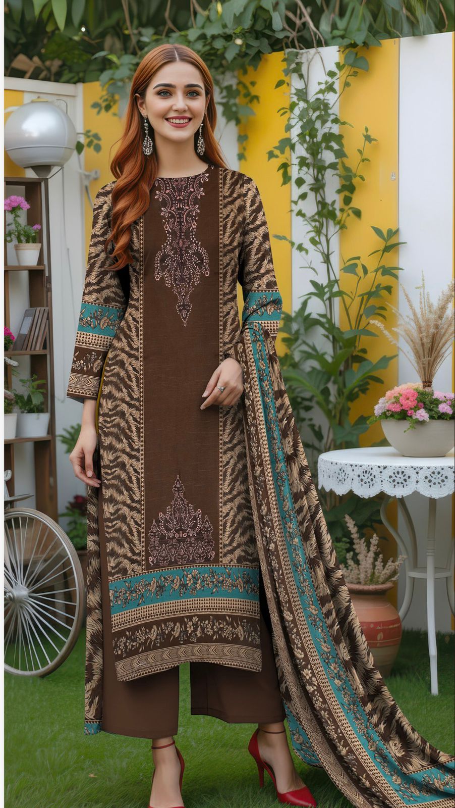 3-piece embroidered khaddar unstitched suit with printed dupatta and trousers, luxury winter wear, Fancy Collection RA31-1025LLW91-ML